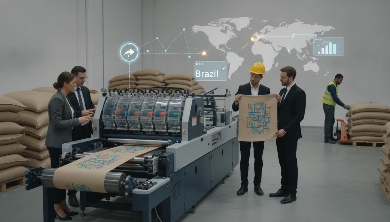 Buyer and engineer review a flexographic machine printing natural jute bags in an industrial workshop.