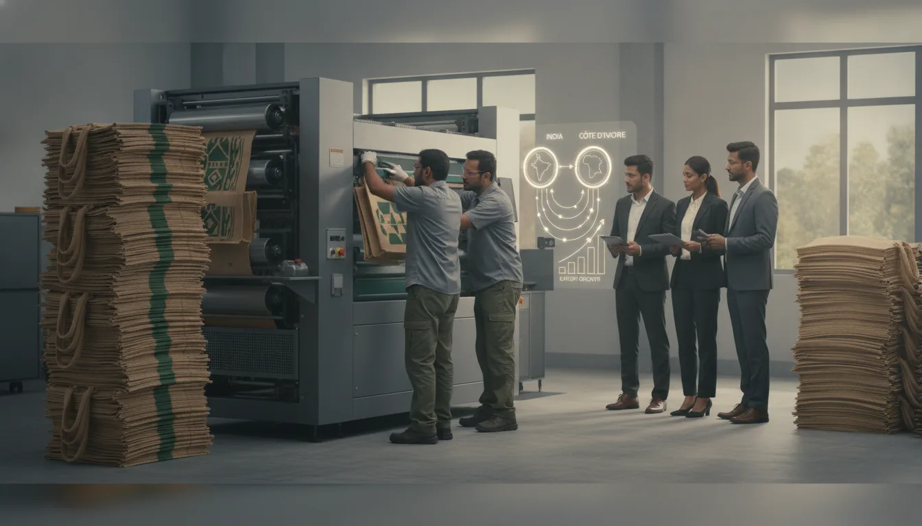 Technicians operate a flexographic machine printing natural jute bags in an industrial workshop.