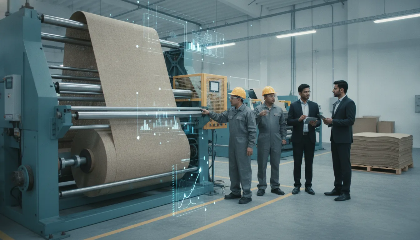 Reel-fed jute fabric passes through a cutting machine and exits as stacked sheets for bag production.
