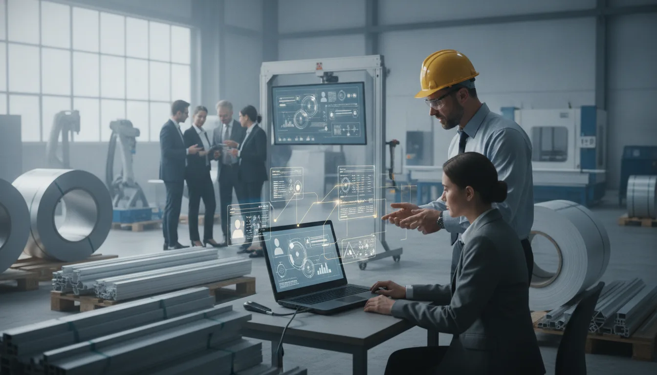 Sales development specialist and aluminium manufacturer review industrial prospect research in a fabrication facility.