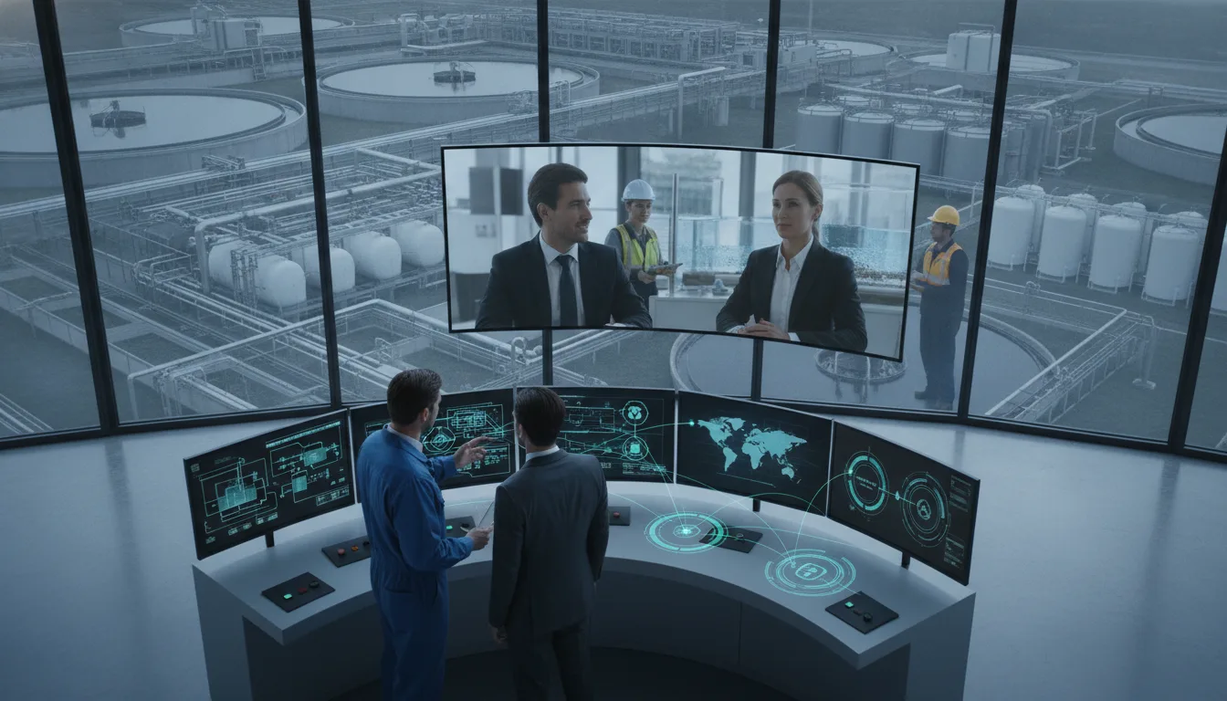 Water treatment engineer and sales specialist meet remotely with international industrial buyers.
