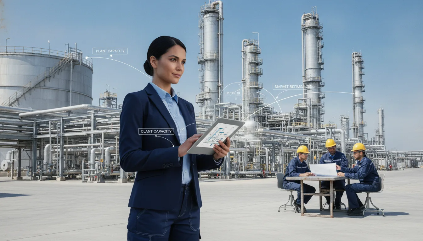 Sales specialist and industrial buyers review account information beside a petrochemical processing facility.
