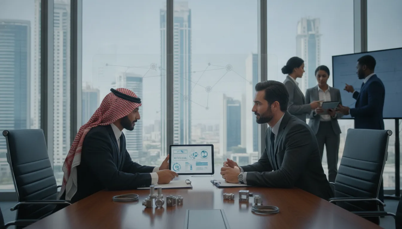 Saudi procurement manager and industrial exporter preparing for a technical business meeting.
