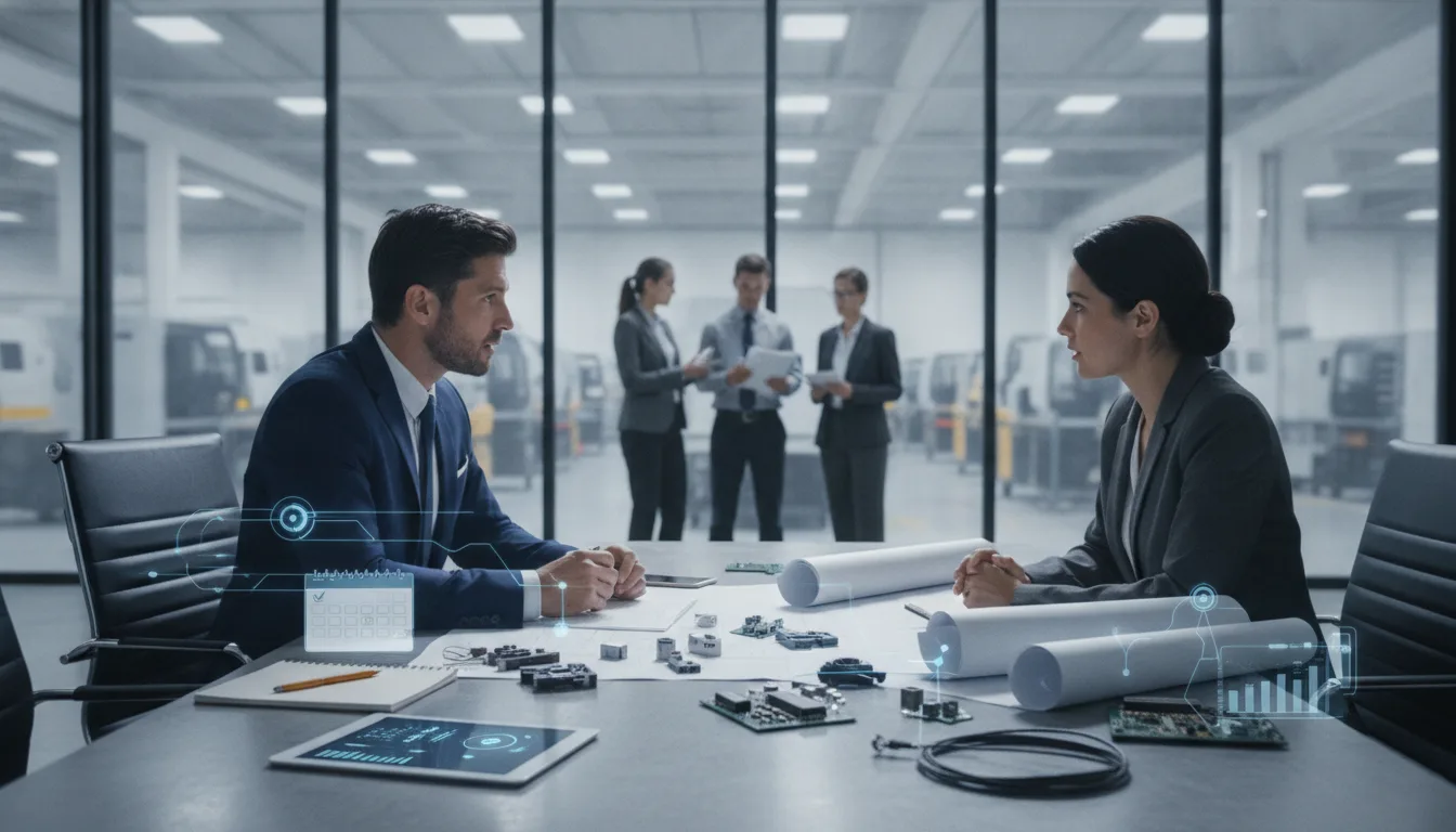 Sales representative and engineering buyer prepare for a vetted industrial supplier meeting.